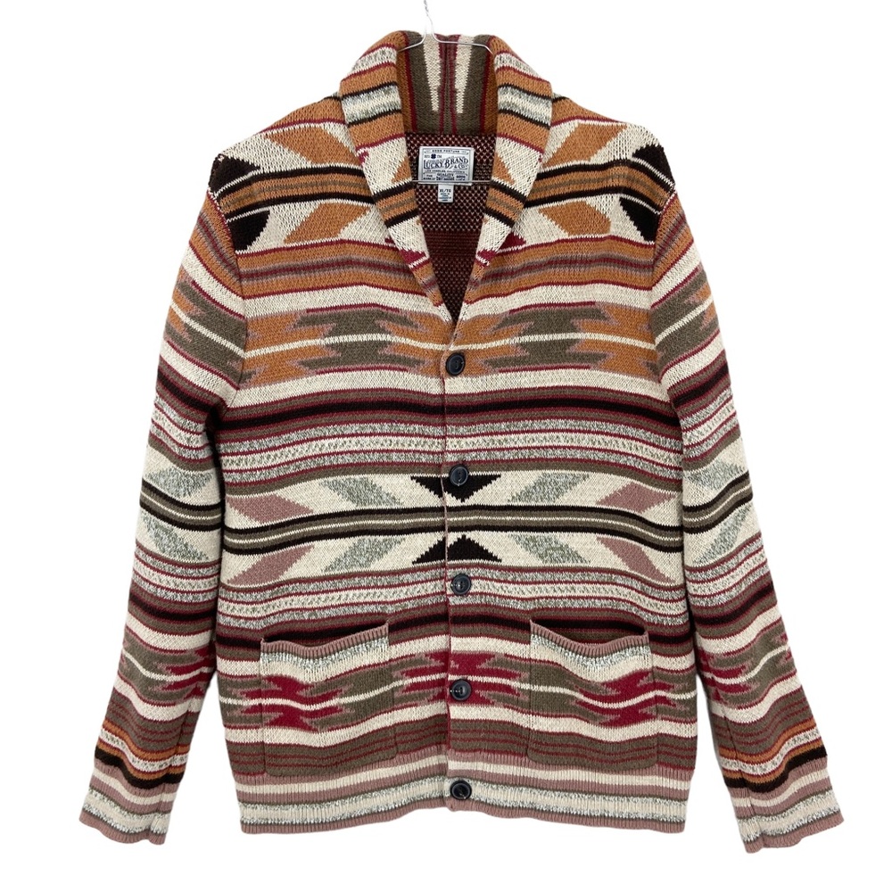 LUCKY BRAND Handcrafted Aztec Pattern Shawl Collar Cardigan Sweater